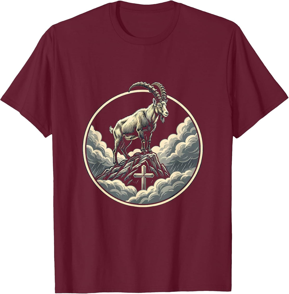 Men's Mountain Goat Storm Peak Graphic Design T-Shirt - Burgundy