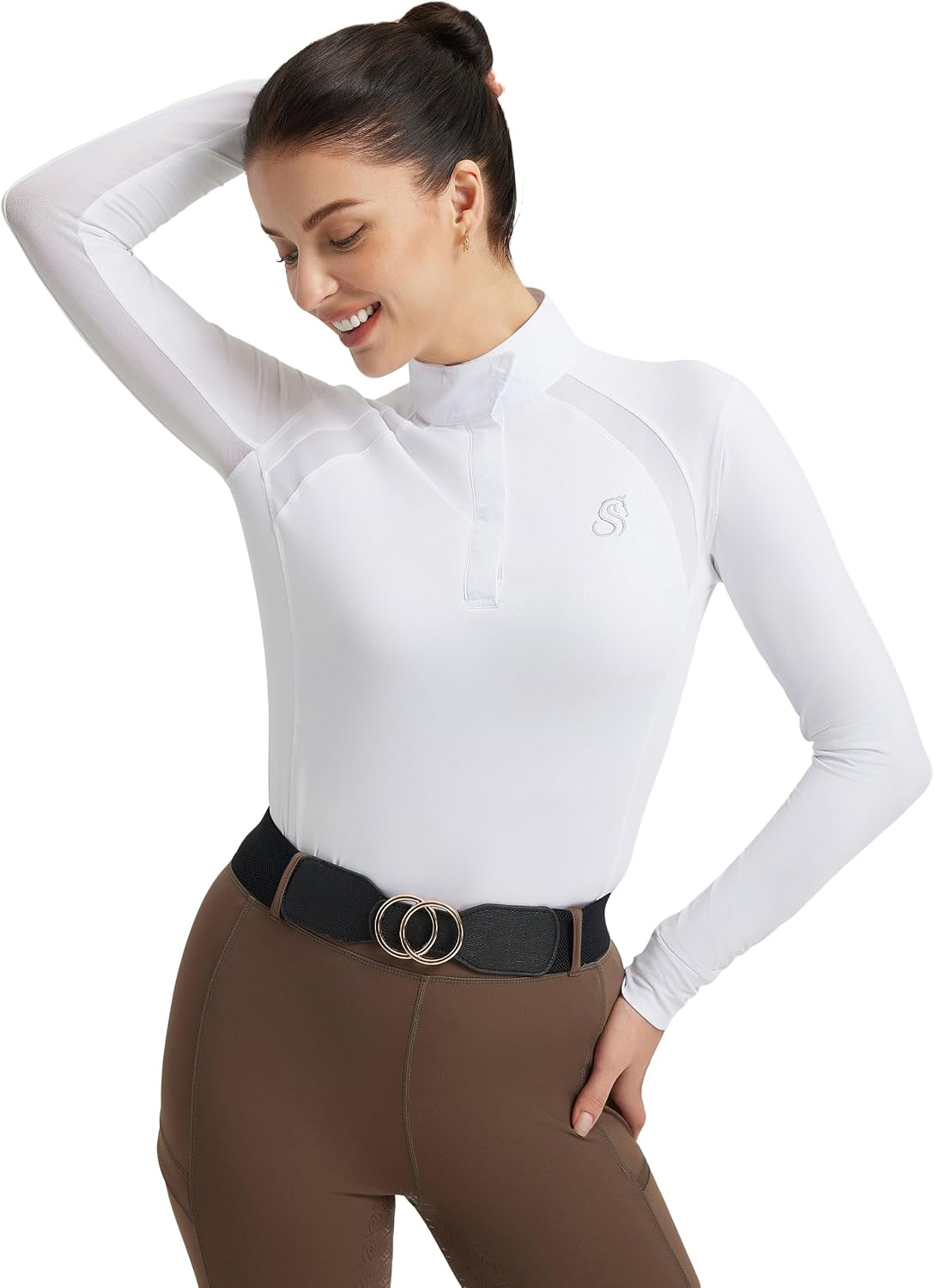 FitsT4 Sports Womens Equestrian Show Shirts UPF50 Long Sleeve Performance Horse Riding Tops with Cooling Mesh Panels - White