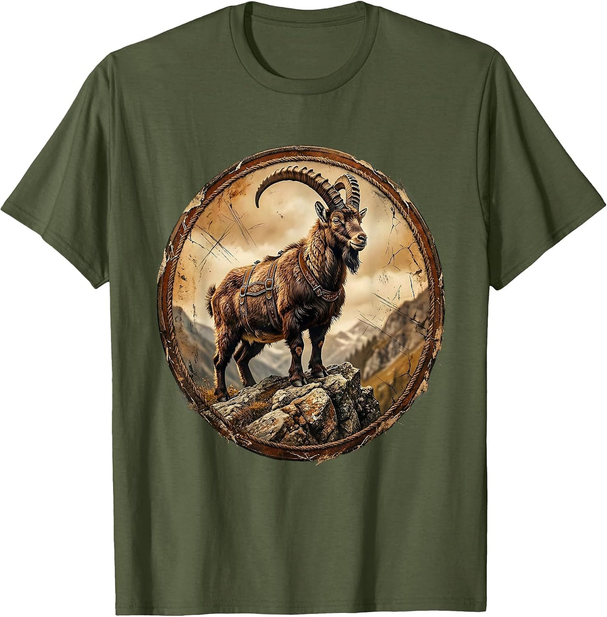 Goat in Lederhosen Rocky Hillside Illustration T-Shirt - Olive Green