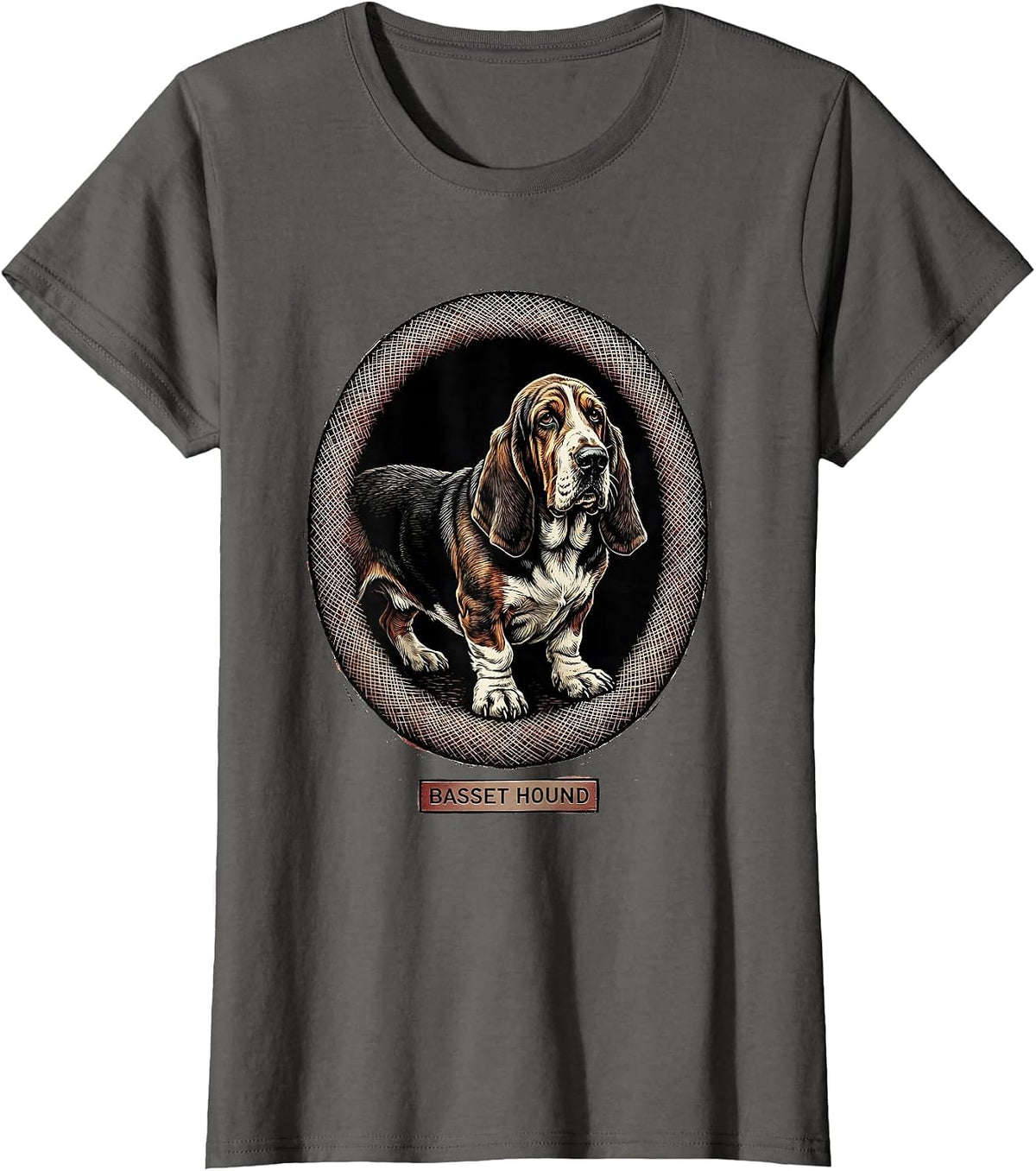 Women's Basset Hound Minimalist Badge Patch Line Art Animal T-Shirt - Asphalt Grey