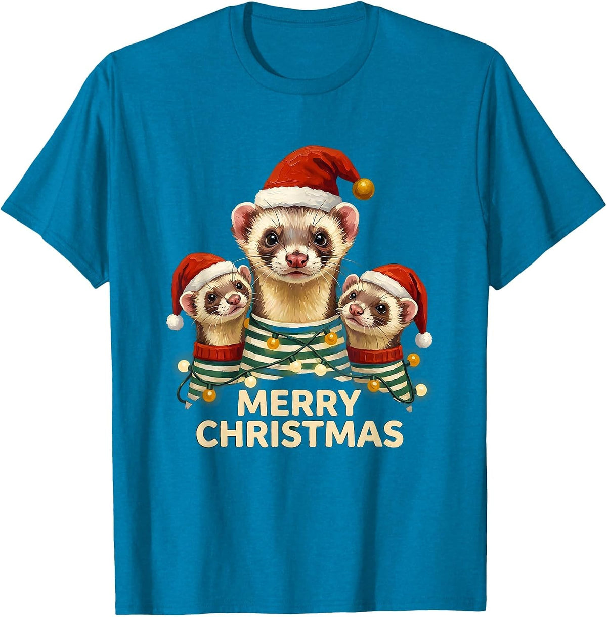 Merry Christmas Ferret Santa Hat Matching Family Pajama T-Shirt - Sapphire Blue