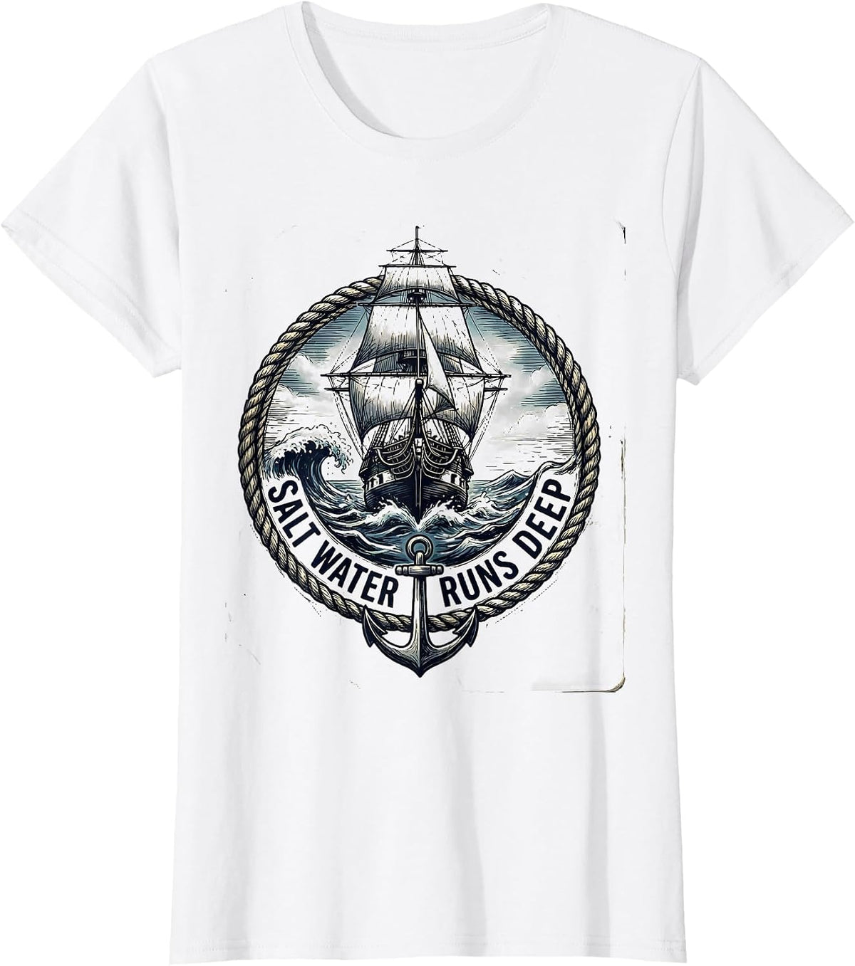 Women's Salt Water Runs Deep Navy Ocean Design T-Shirt - White