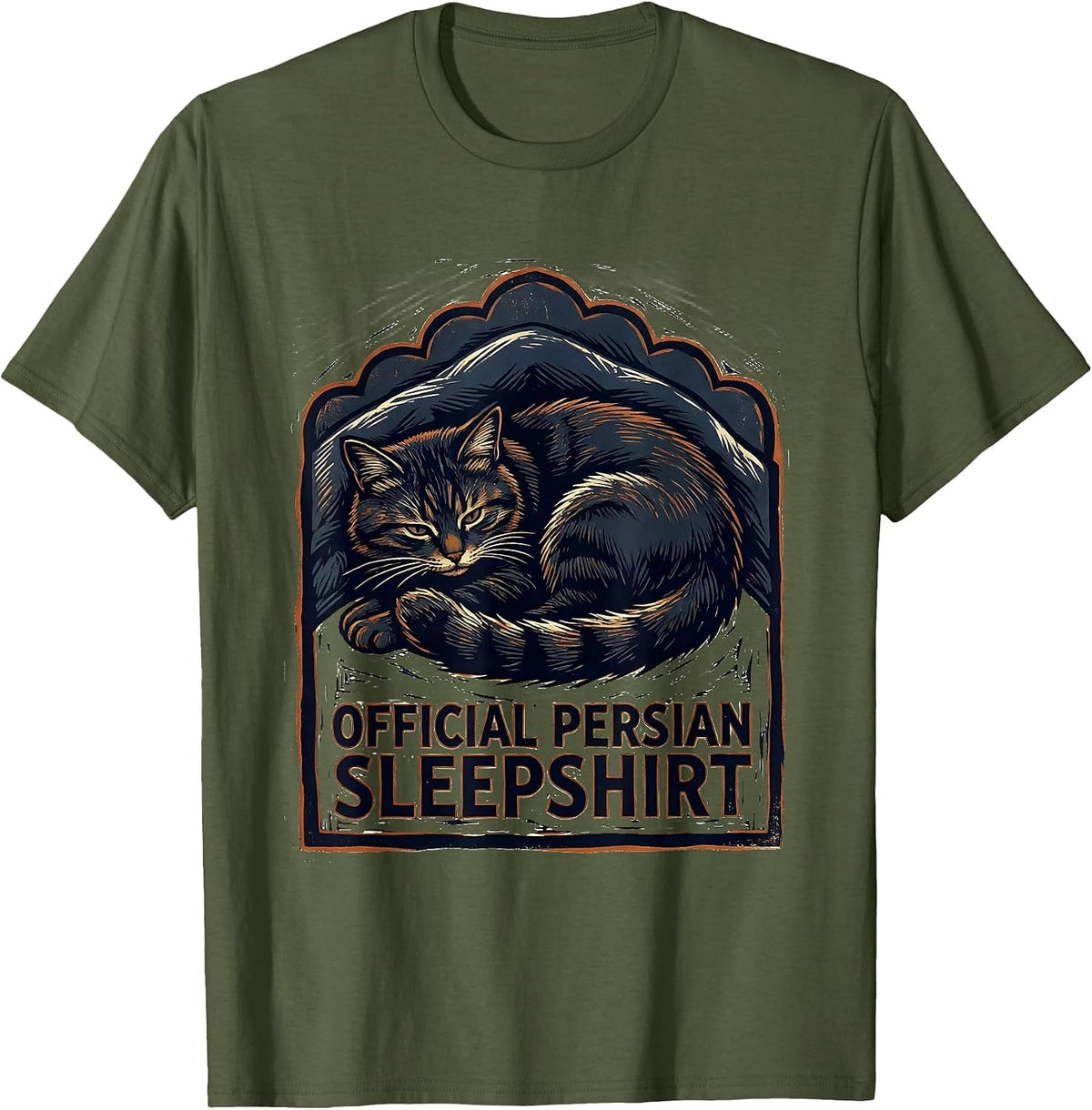 Men's Official Persian Sleepshirt Cute Cat Lover Linocut T-Shirt - Olive Green