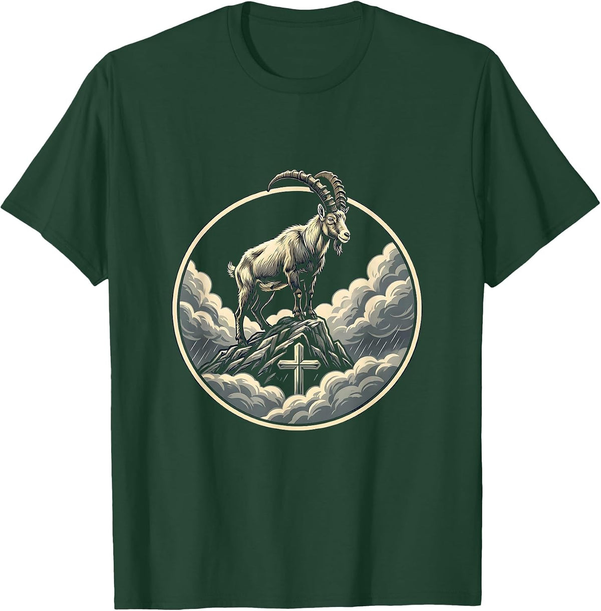 Men's Mountain Goat Storm Peak Graphic Design T-Shirt - Dark Green