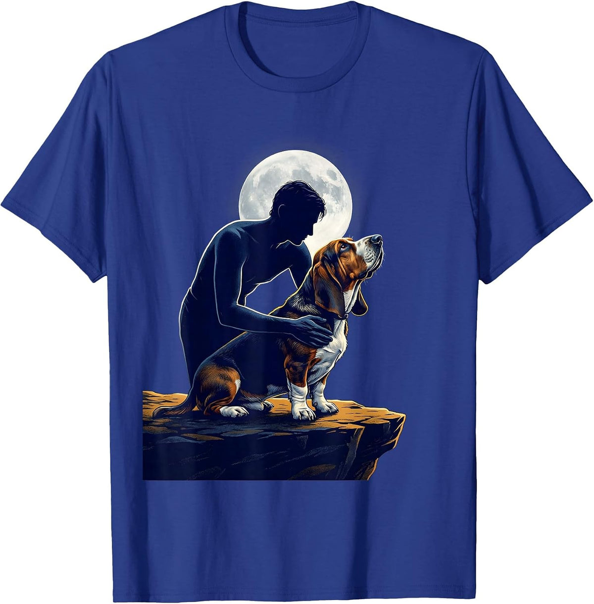Basset Hound Howling at the Moon Vintage Mystical Dog Art T-Shirt - Royal Blue