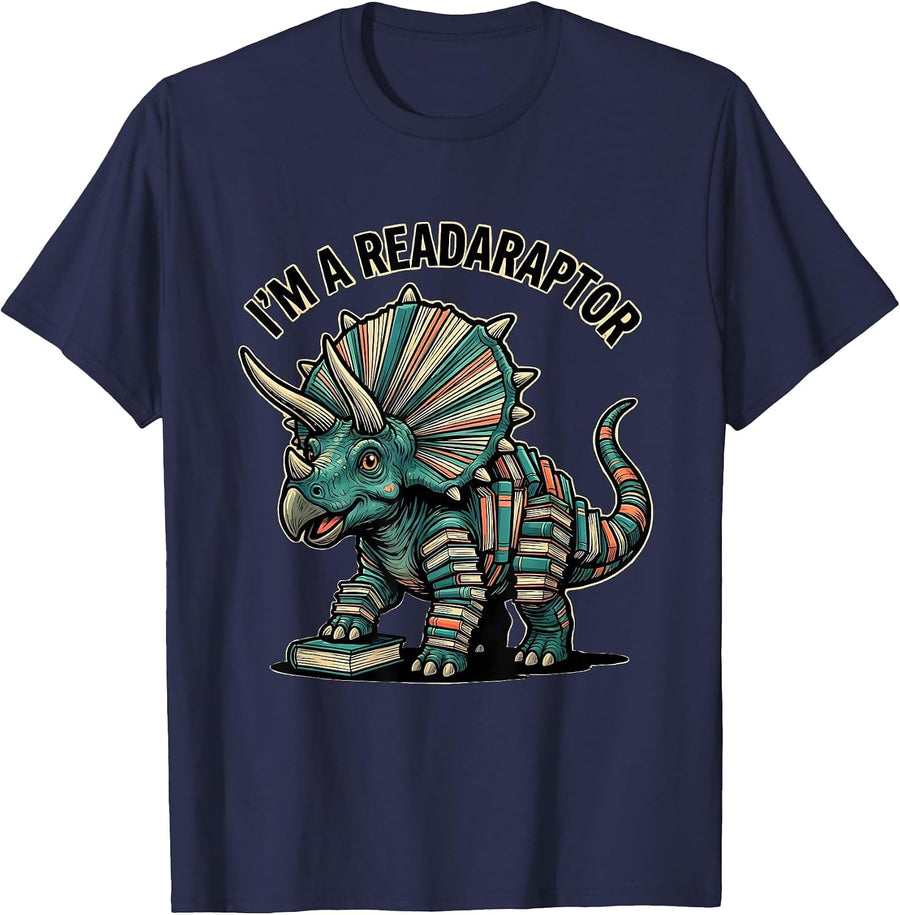 I'm a Readaraptor Cartoon Dinosaur Bookworm Summer Reading T-Shirt - Navy Blue