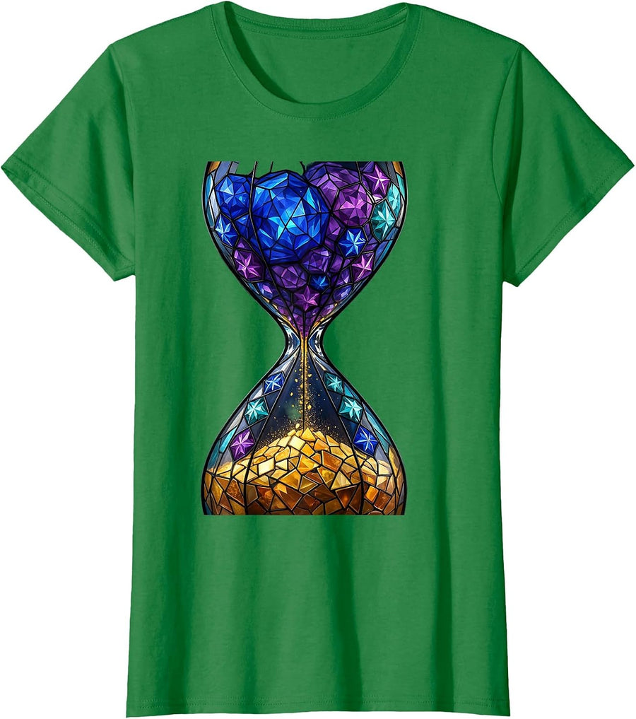 Women's Cosmic Hourglass Stars and Galaxy Illustration T-Shirt - Kelly Green