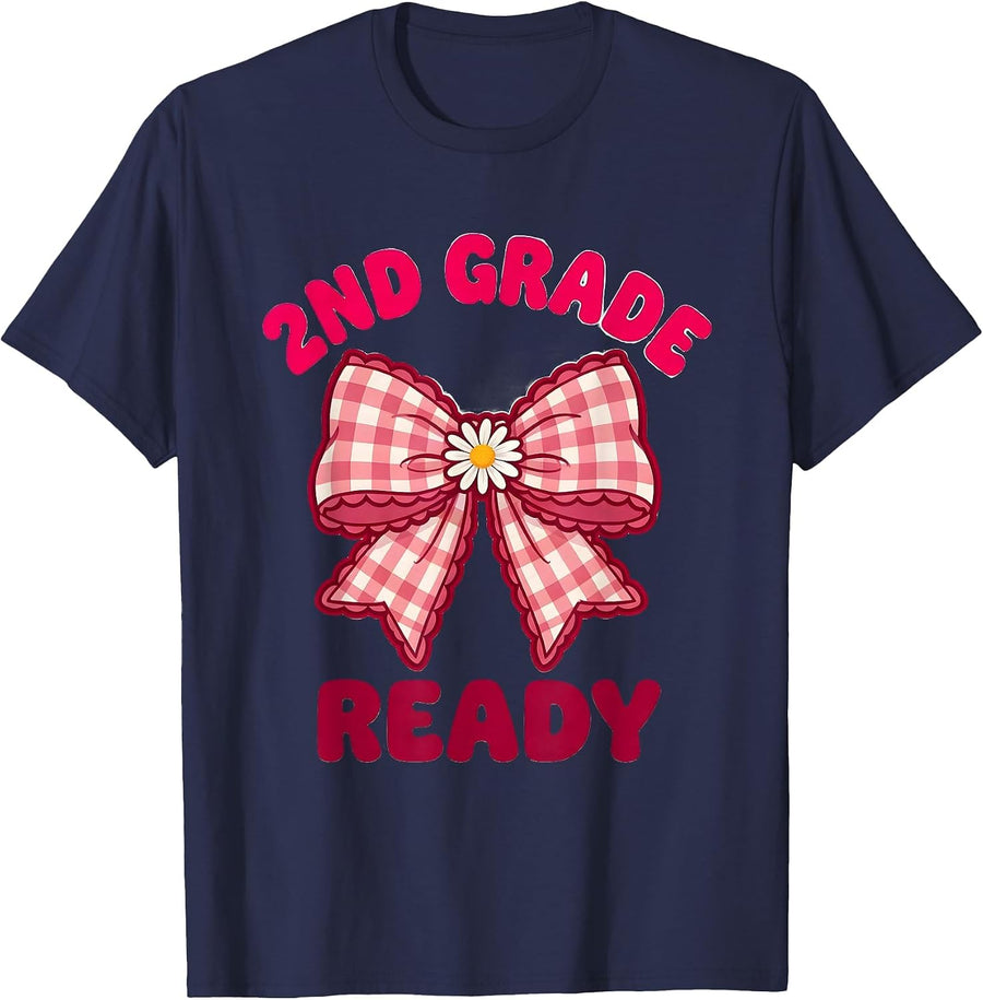 2nd Grade Ready Cute Bow Back to School Second Grade T-Shirt - Navy Blue