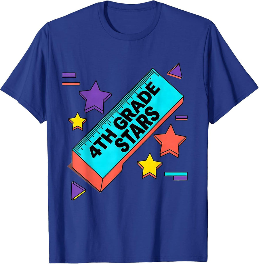 4th Grade Stars Memphis Retro Teacher Crew Back To School T-Shirt - Royal Blue