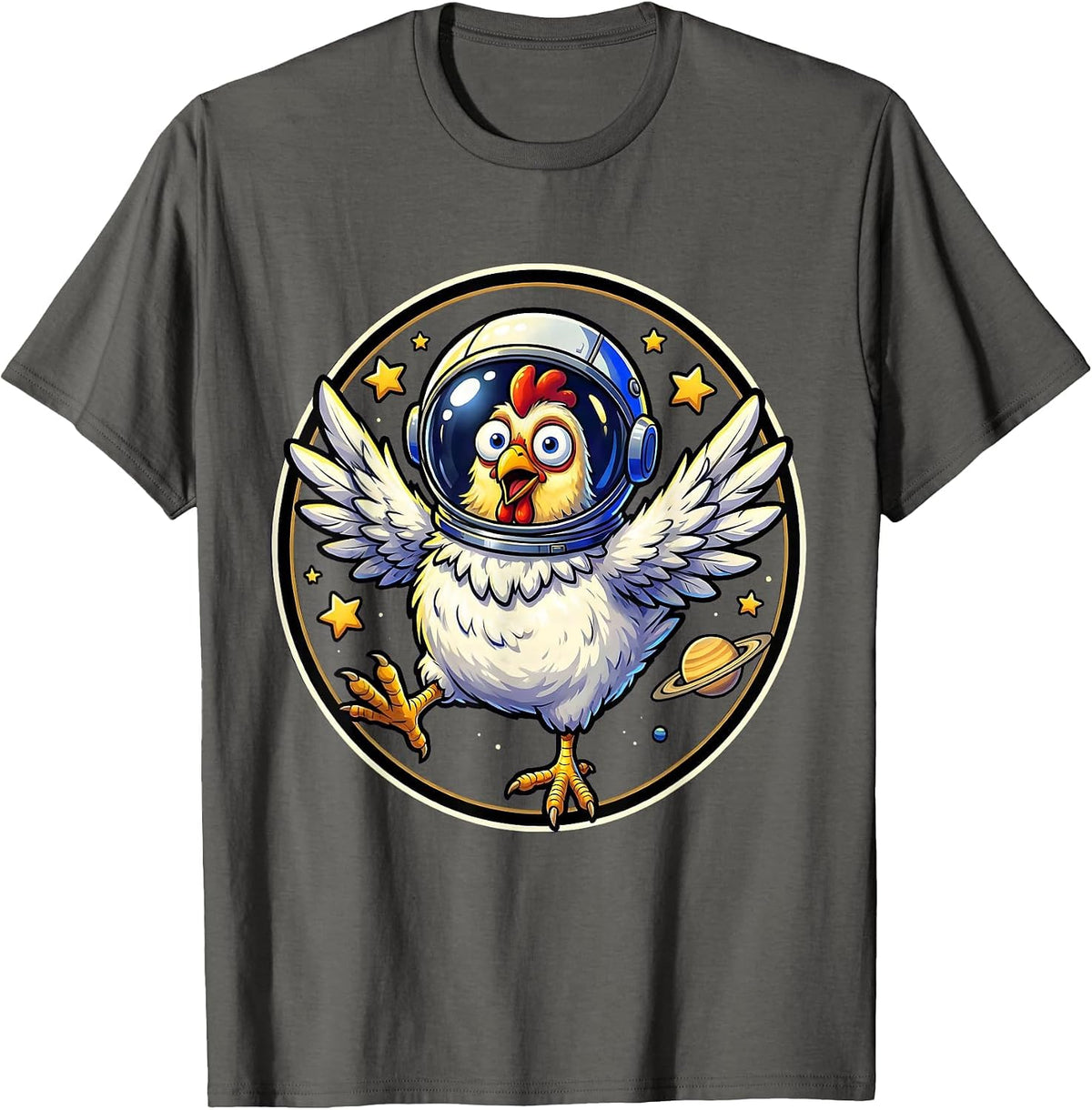 Men's Chicken Astronaut Floating in Outer Space T-Shirt - Asphalt Grey