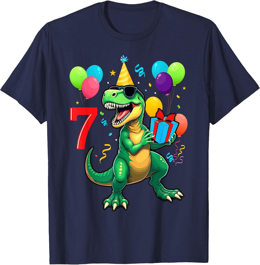 7th Birthday Shirt Boy Dinosaur Happy Bday T-rex Party Kids T-Shirt - Navy Blue