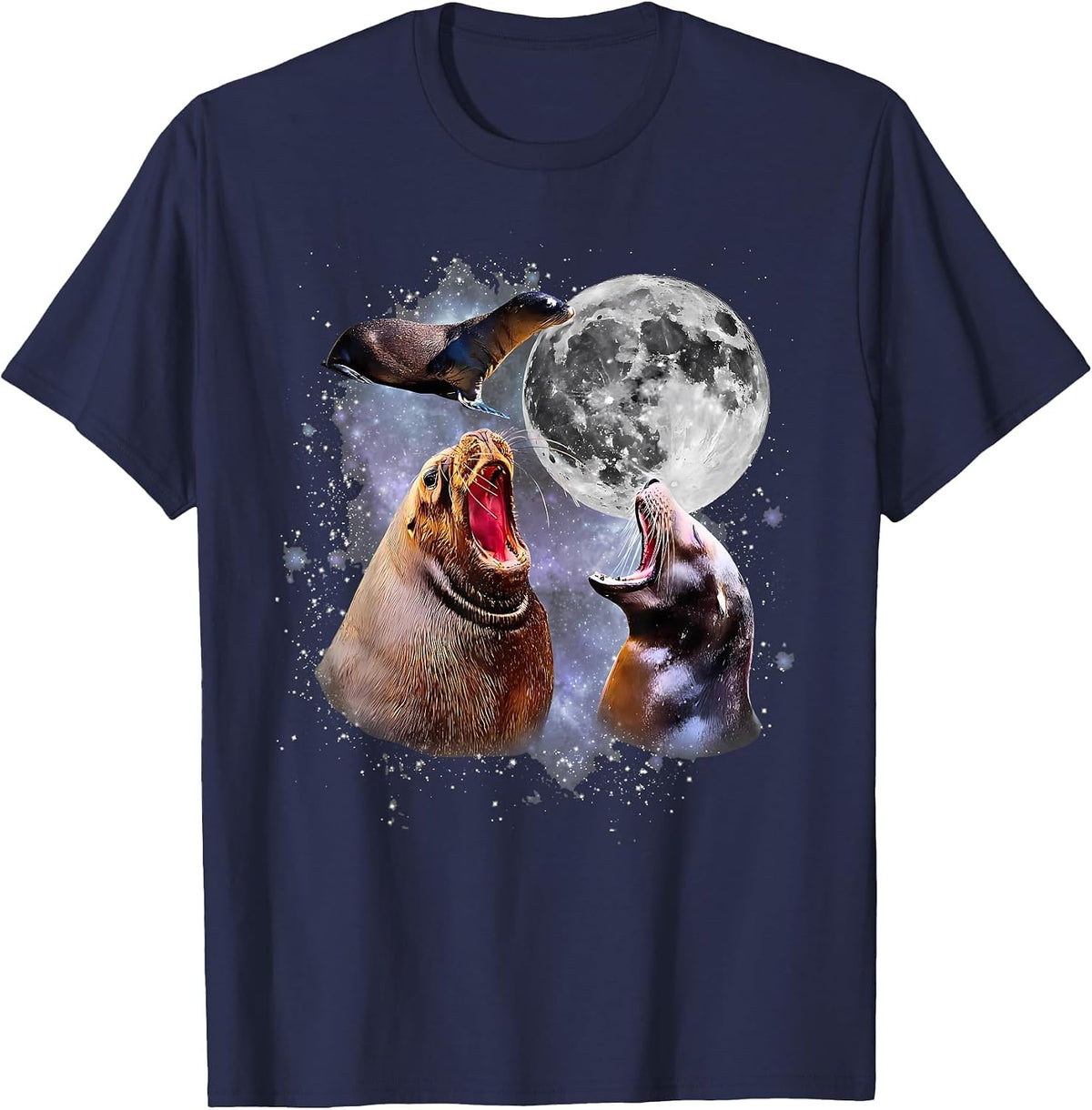 Retro Three California Sea Lion Moon Ocean Marine Animal T-Shirt - Navy Blue