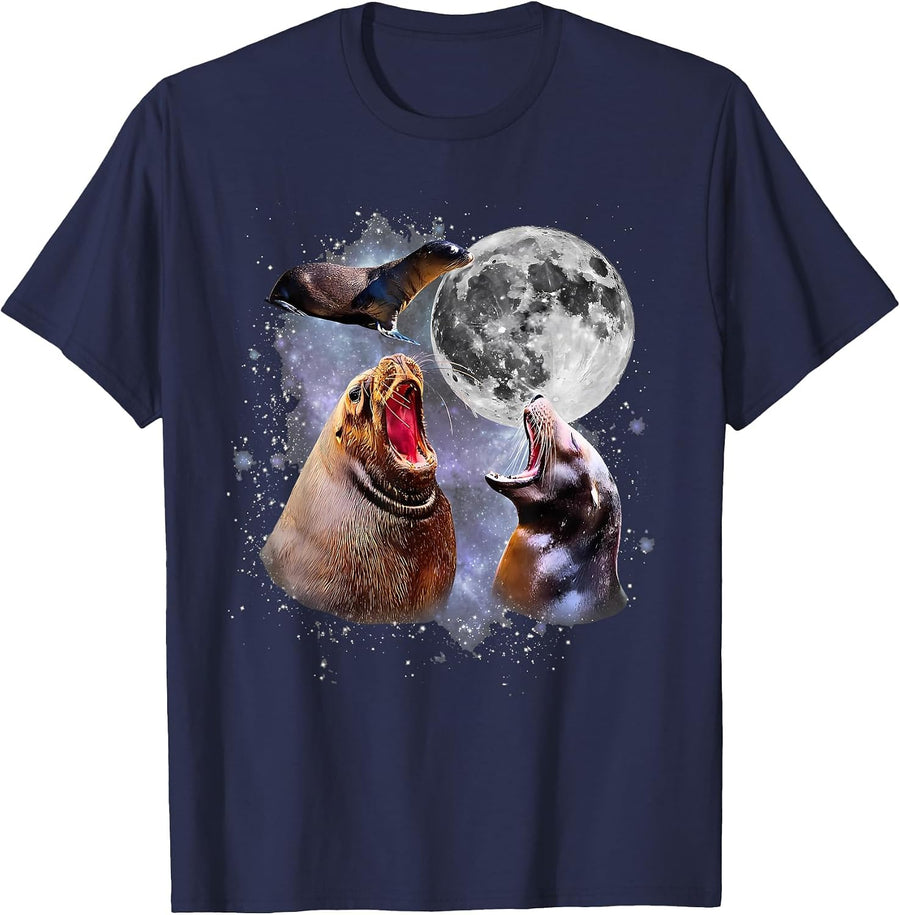 Retro Three California Sea Lion Moon Ocean Marine Animal T-Shirt - Navy Blue