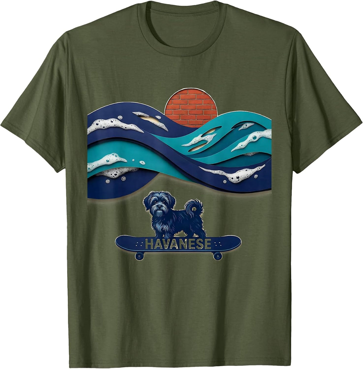 Havanese Paper Cutout Surfing Dog Breed Funny Gift for Dog T-Shirt - Olive Green