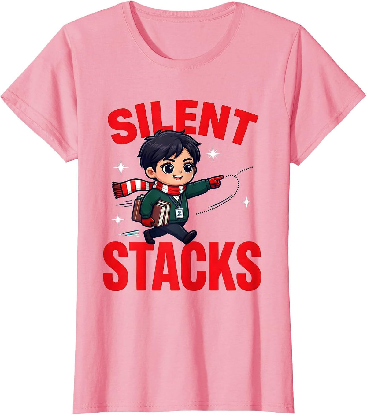 Women's SILENT STACKS Funny School Librarian Christmas T-Shirt - Pink