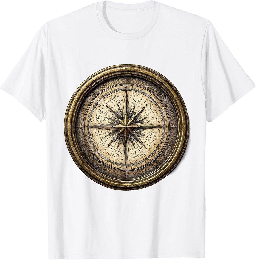 Men's Star Chart Unrolled on Wooden Desk Illustration T-Shirt - White