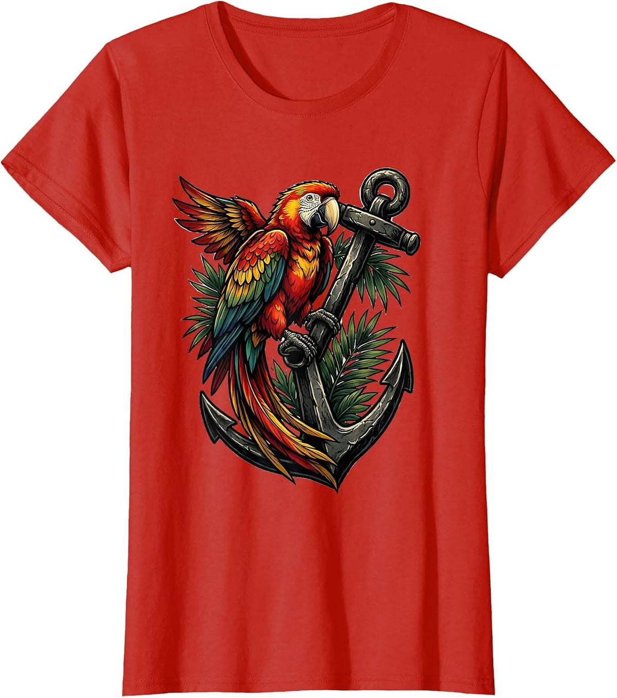 Parrot on Anchor Nautical Bird Graphic T-Shirt - Red