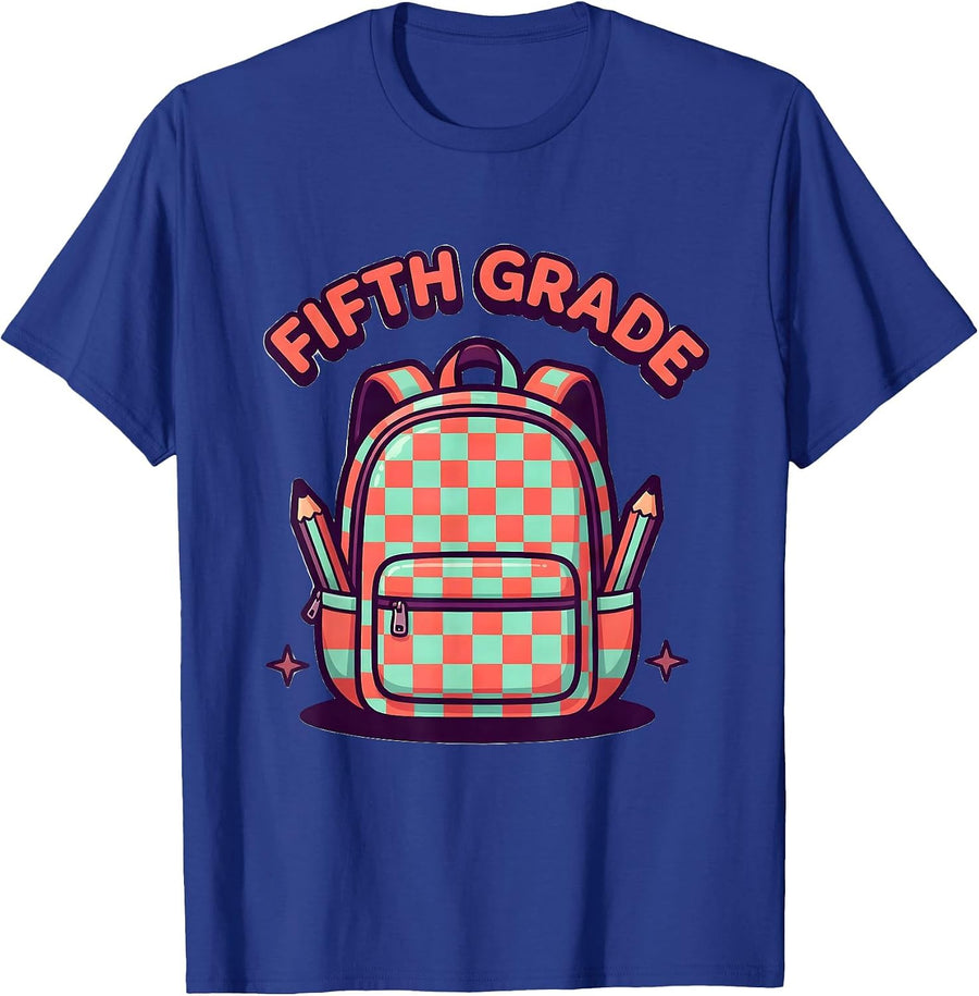 Fifth Grade Pink Checkered Retro 5th Grade Teacher Girl Kids T-Shirt - Royal Blue