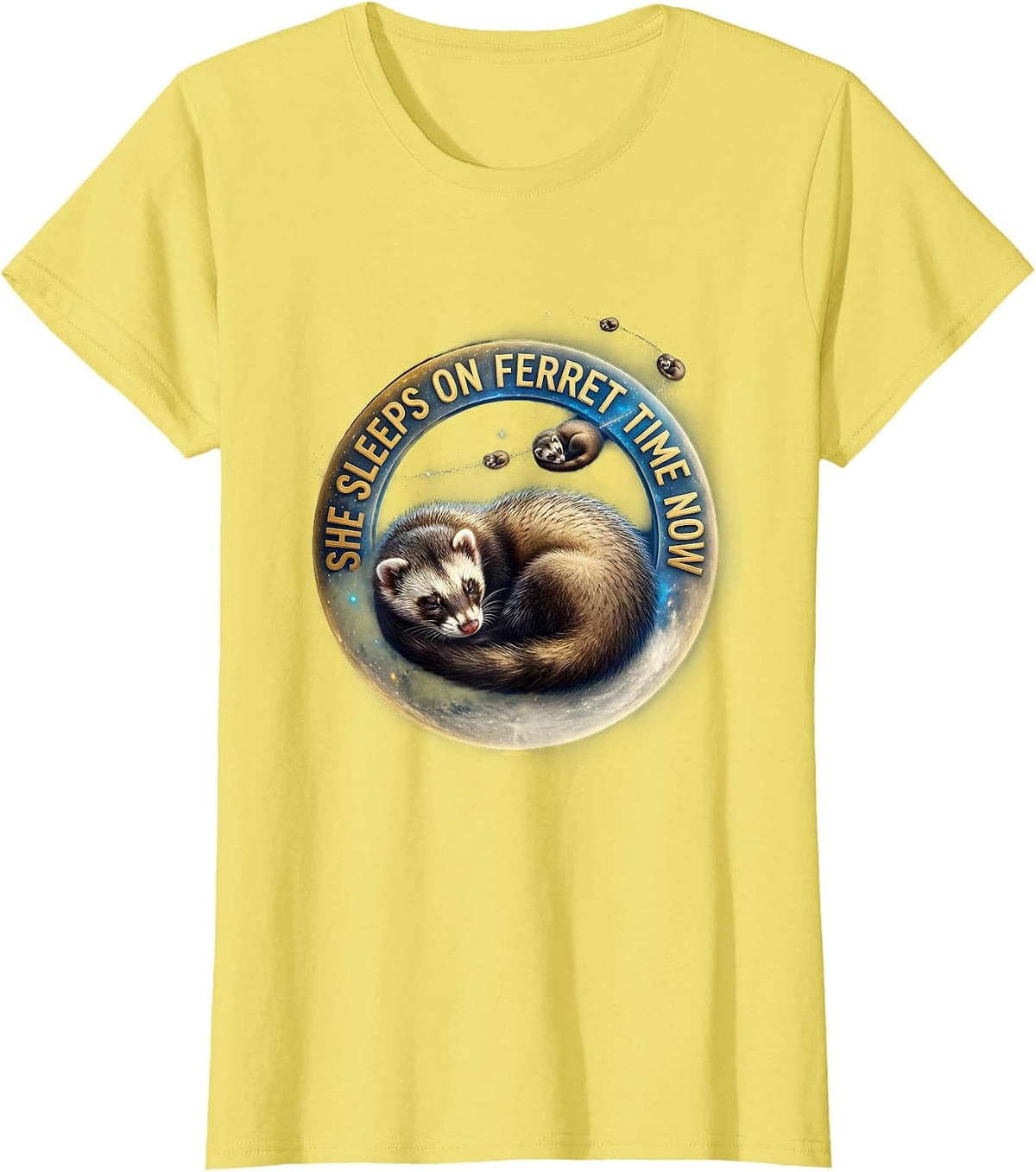 She Sleeps On Ferret Time Now Cosmic Ferret Lover Christmas T-Shirt - Lemon Yellow