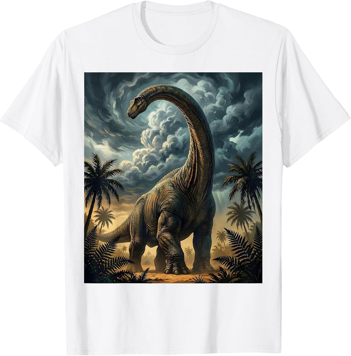 Men's Brachiosaurus Storm Clouds Dinosaur Illustration T-Shirt - White