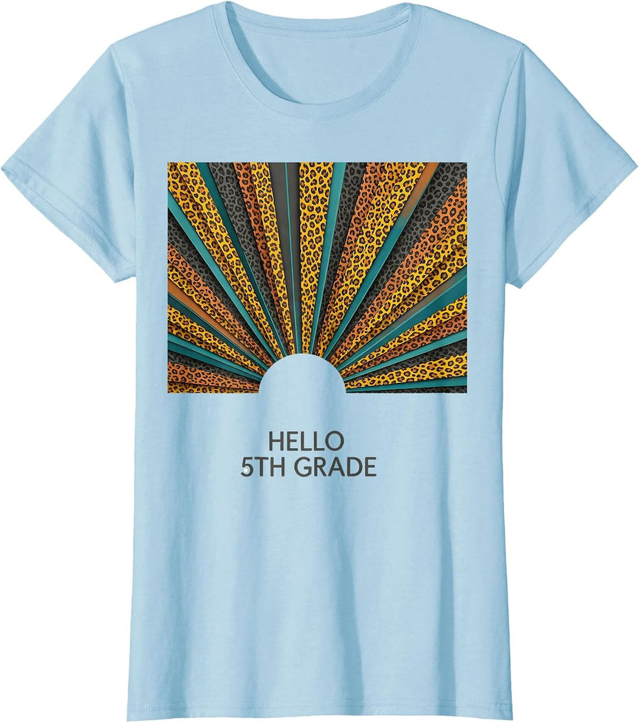 Women's Hello 5th Grade Leopard Print Teacher Back To School Girls T-Shirt - Baby Blue