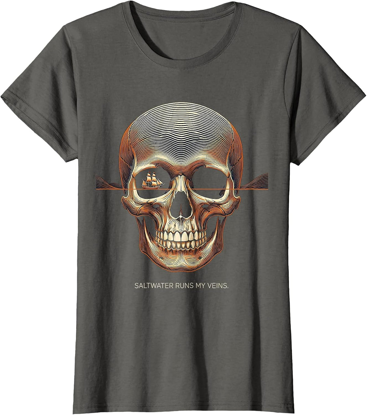 Women's Saltwater Runs My Veins Pirate Design T-Shirt - Asphalt Grey