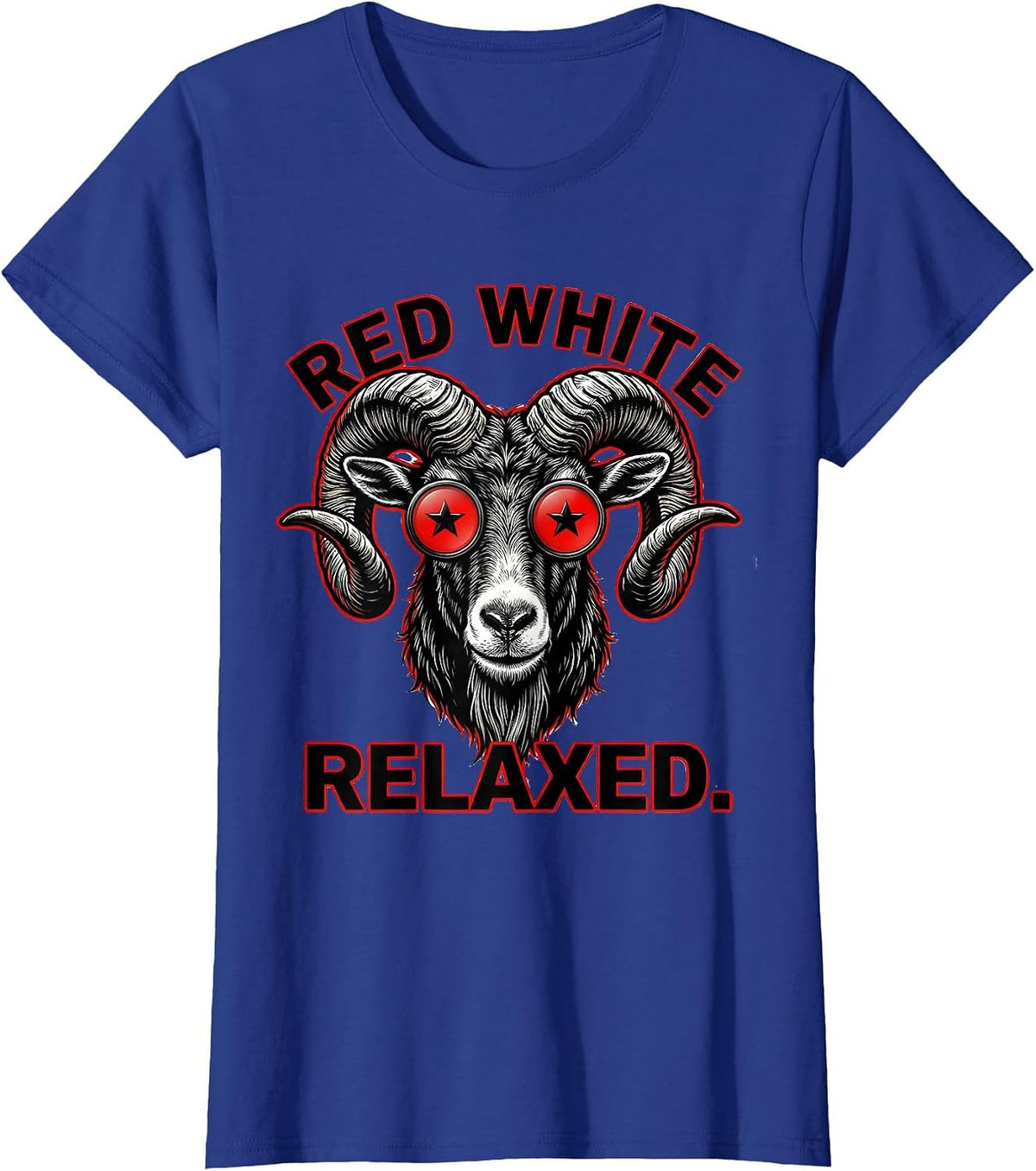 Women's Red White Relaxed Tattoo Bold Goat Head Patriotic Humor T-Shirt - Royal Blue