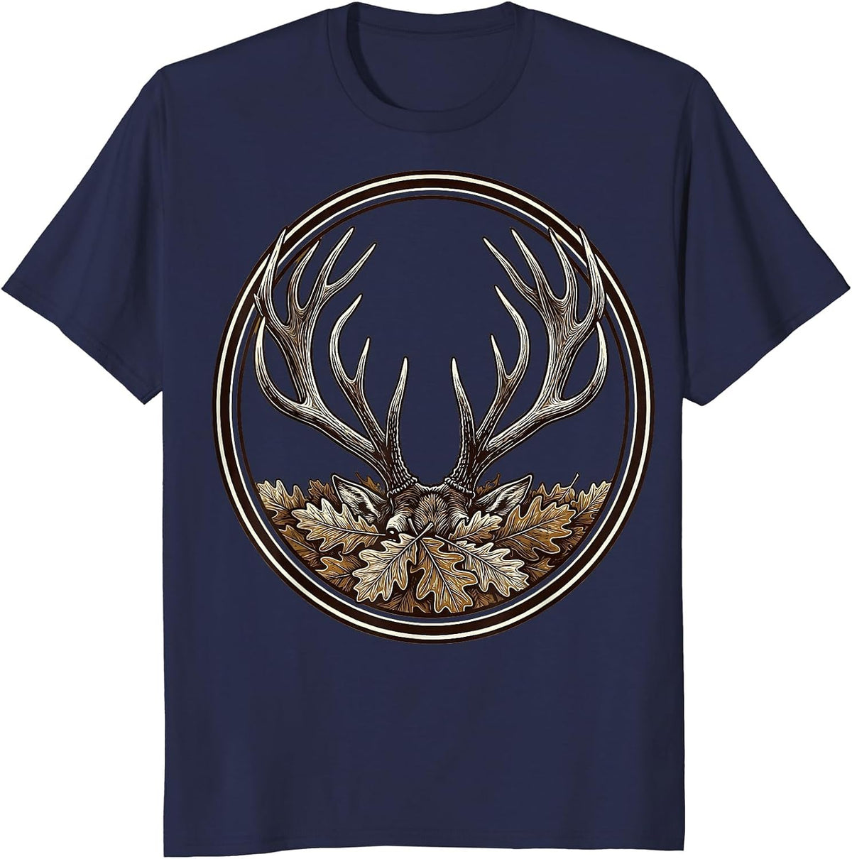 Shed Antler in Autumn Leaves Hunting Design T-Shirt - Navy Blue