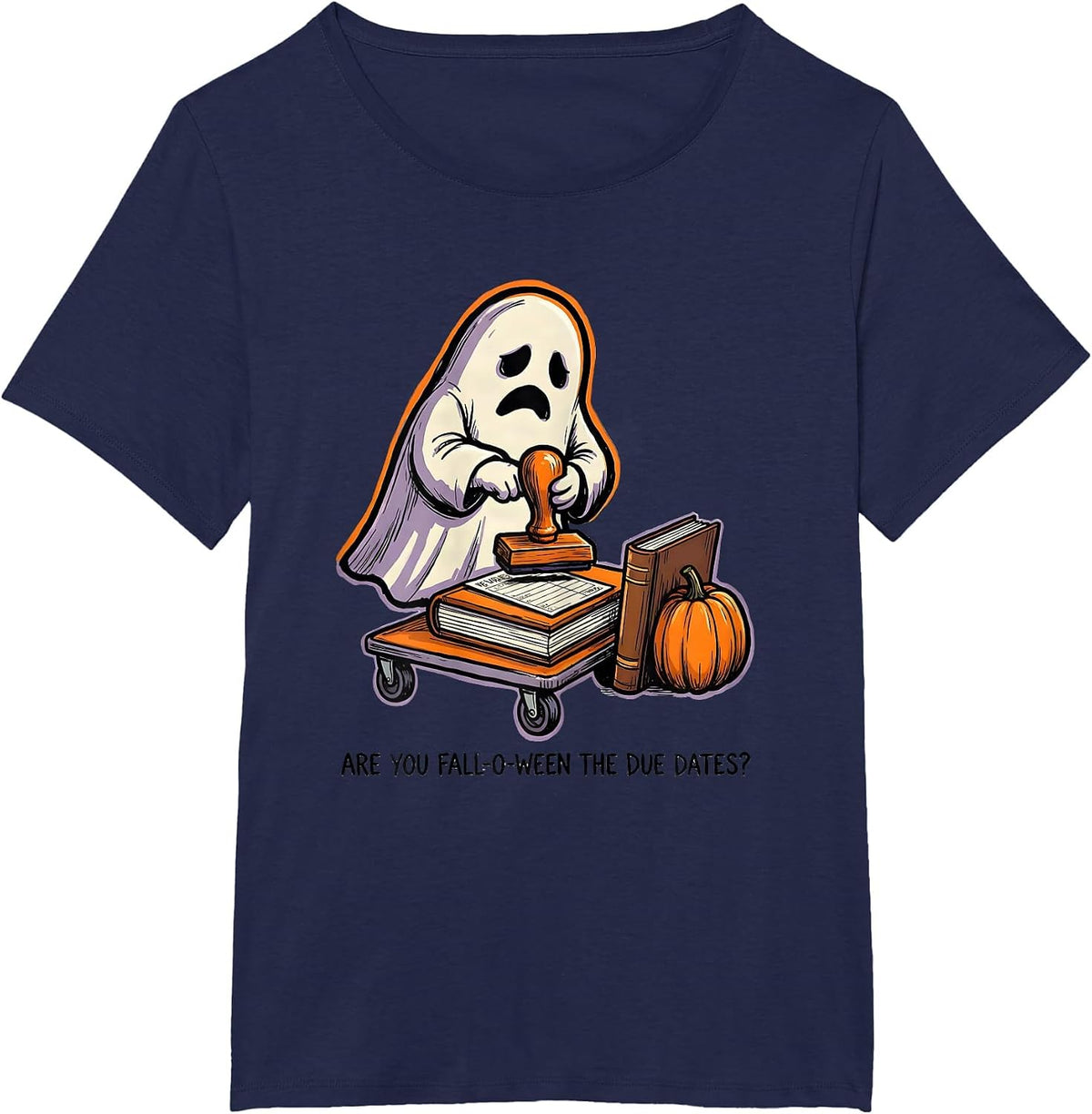 Women's Are You Fall-O-Ween The Due Dates Teacher Halloween Ghost T-Shirt - Navy Blue