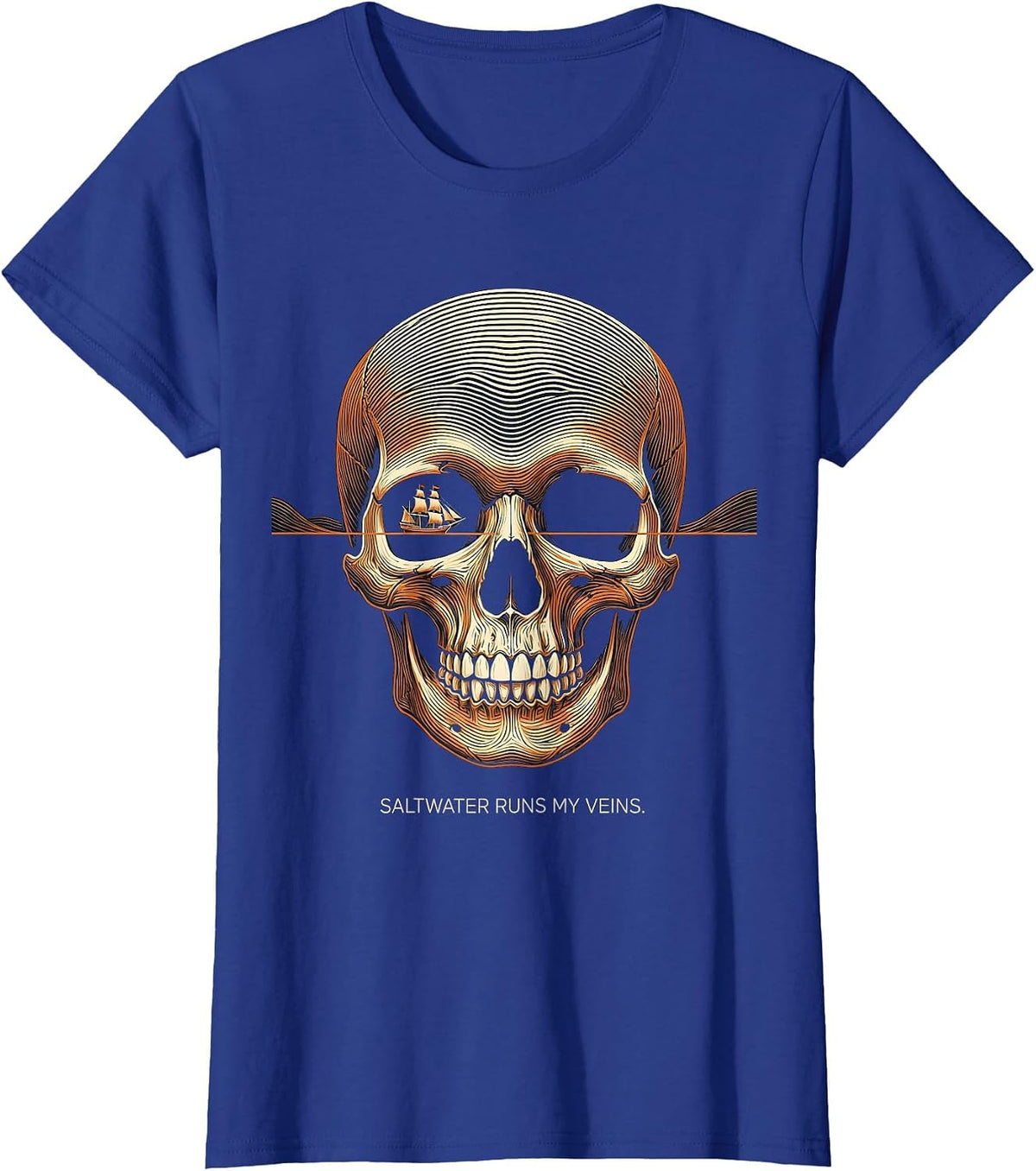 Women's Saltwater Runs My Veins Pirate Design T-Shirt - Royal Blue