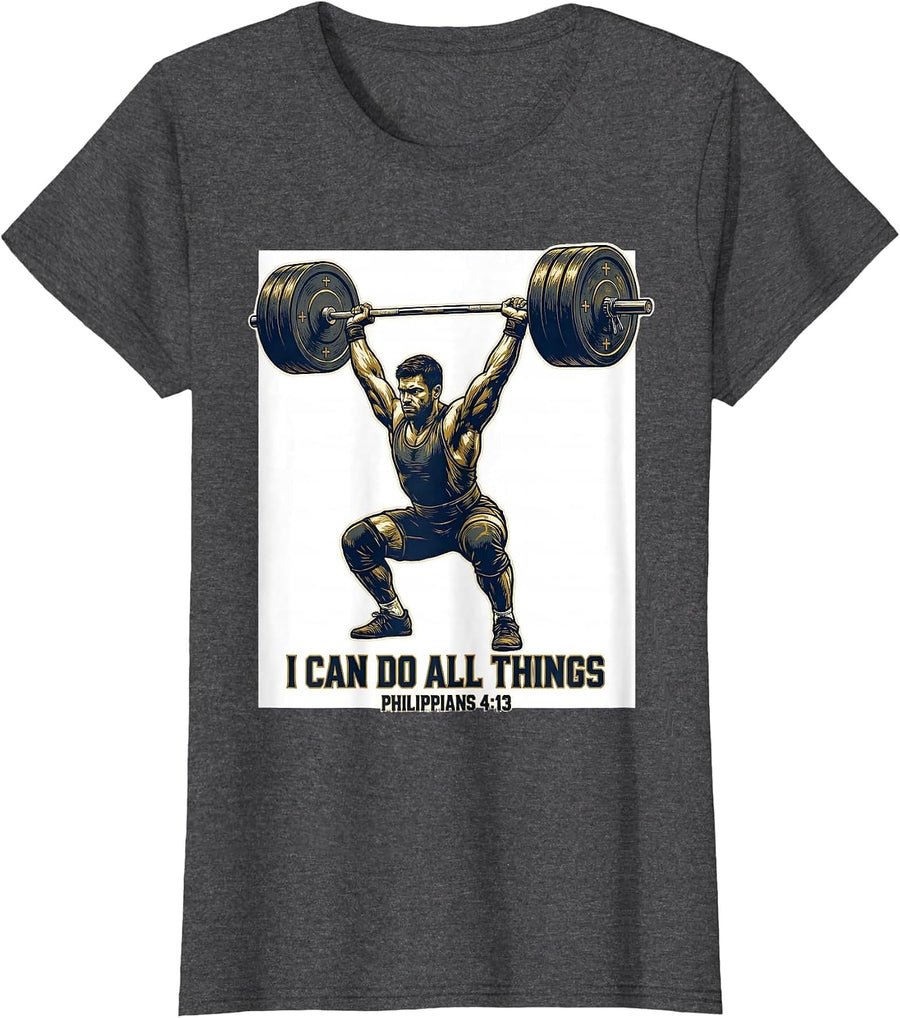 Women's I Can Do All Things Christian Weightlifter Scripture Humor T-Shirt - Dark Heather Grey