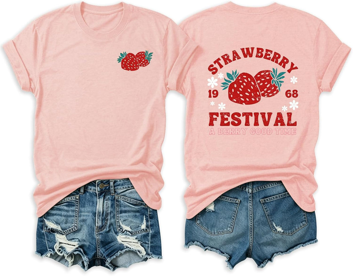 Cute T Shirts for Women Graphic Tees Short Sleeve Summer Tops - A4 Pink Strawberry