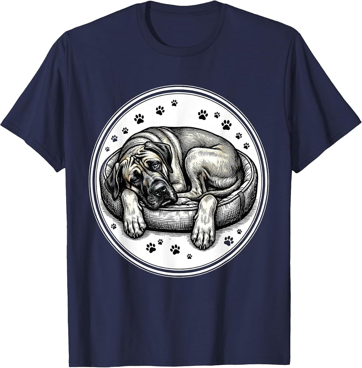 Great Dane Squeezed Into Tiny Dog Bed Graphic T-Shirt - Navy Blue