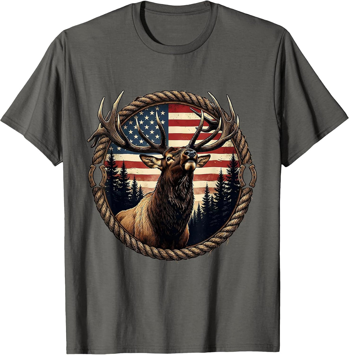 Bull Elk Bugling in Pine Forest Wildlife Art T-Shirt - Asphalt Grey