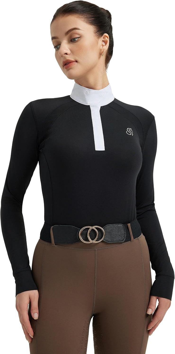 FitsT4 Sports Womens Equestrian Show Shirts UPF50 Long Sleeve Performance Horse Riding Tops with Cooling Mesh Panels - Black