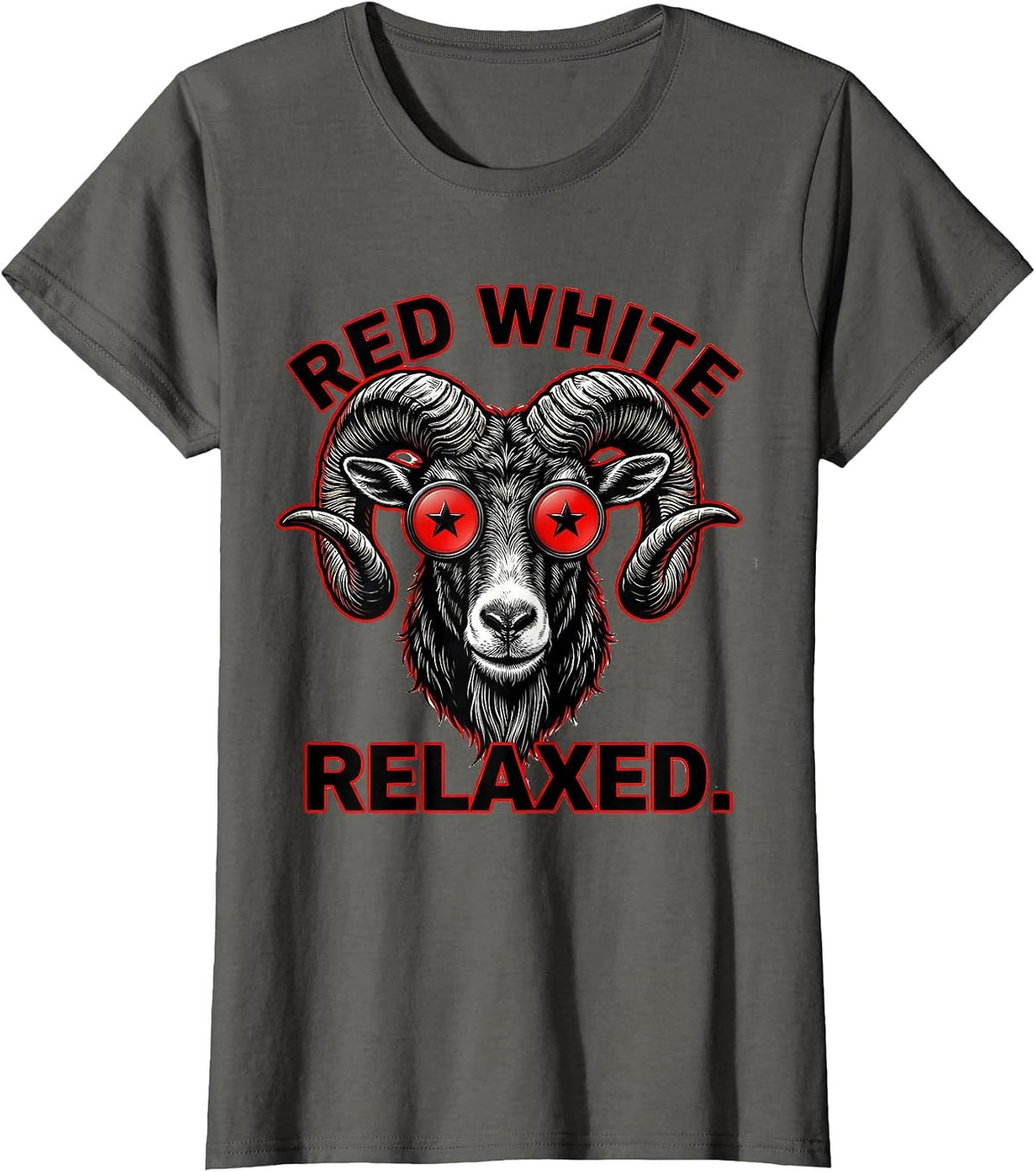 Women's Red White Relaxed Tattoo Bold Goat Head Patriotic Humor T-Shirt - Asphalt Grey