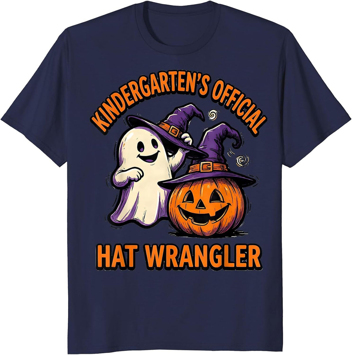Kindergarten's Official Hat Wrangler Playful Cute Halloween T-Shirt - Navy Blue