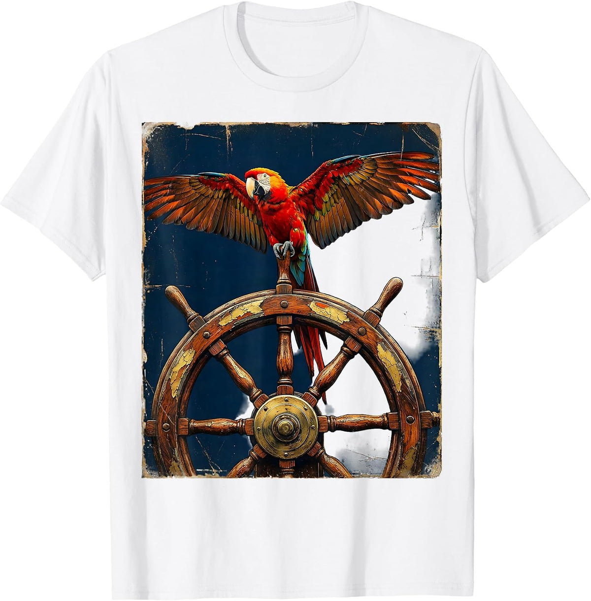 Men's Pirate Parrot on Ship's Helm Graphic Tee T-Shirt - White