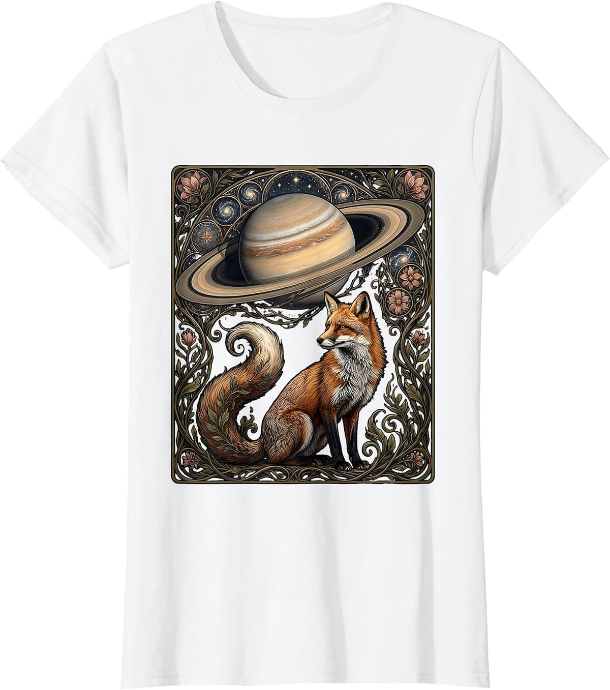 Fox Gazing at Ringed Planet Space Illustration T-Shirt - White