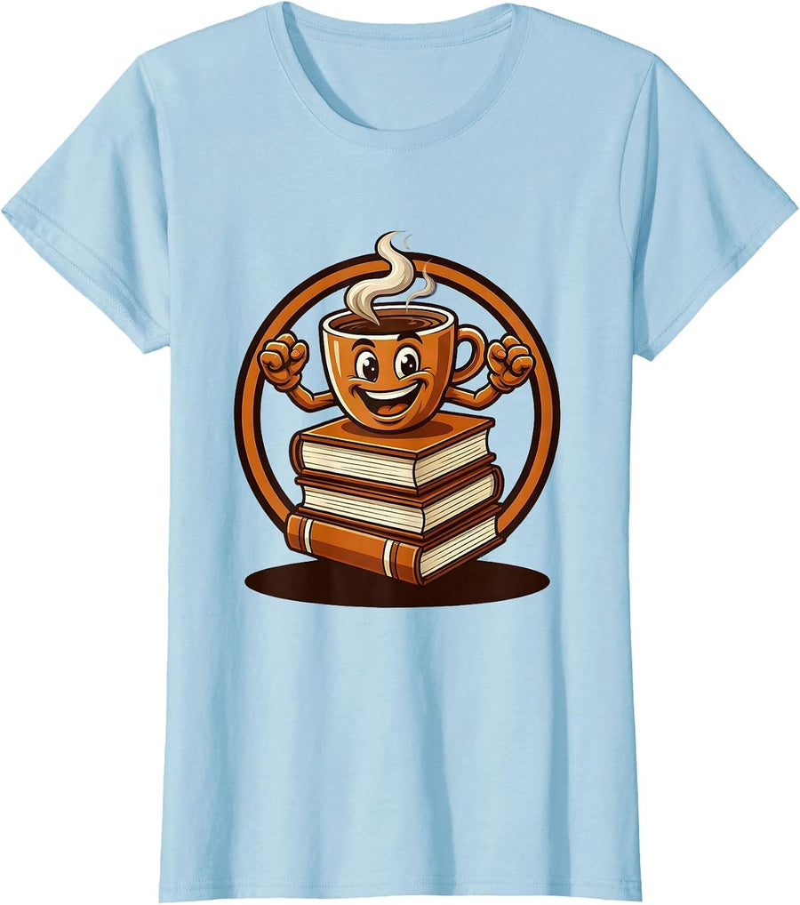 Women's College Life Stack of Books and Coffee Graphic T-Shirt - Baby Blue
