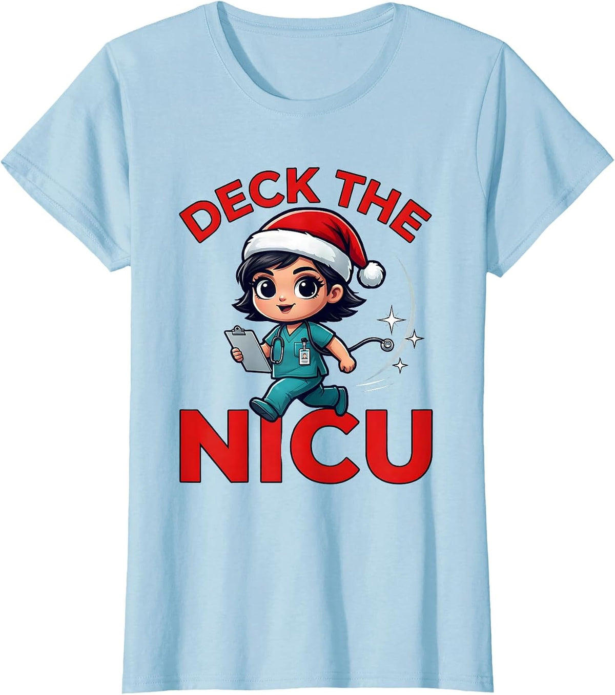 Women's DECK THE NICU Funny NICU Nurse Christmas Holiday Shift T-Shirt - Baby Blue