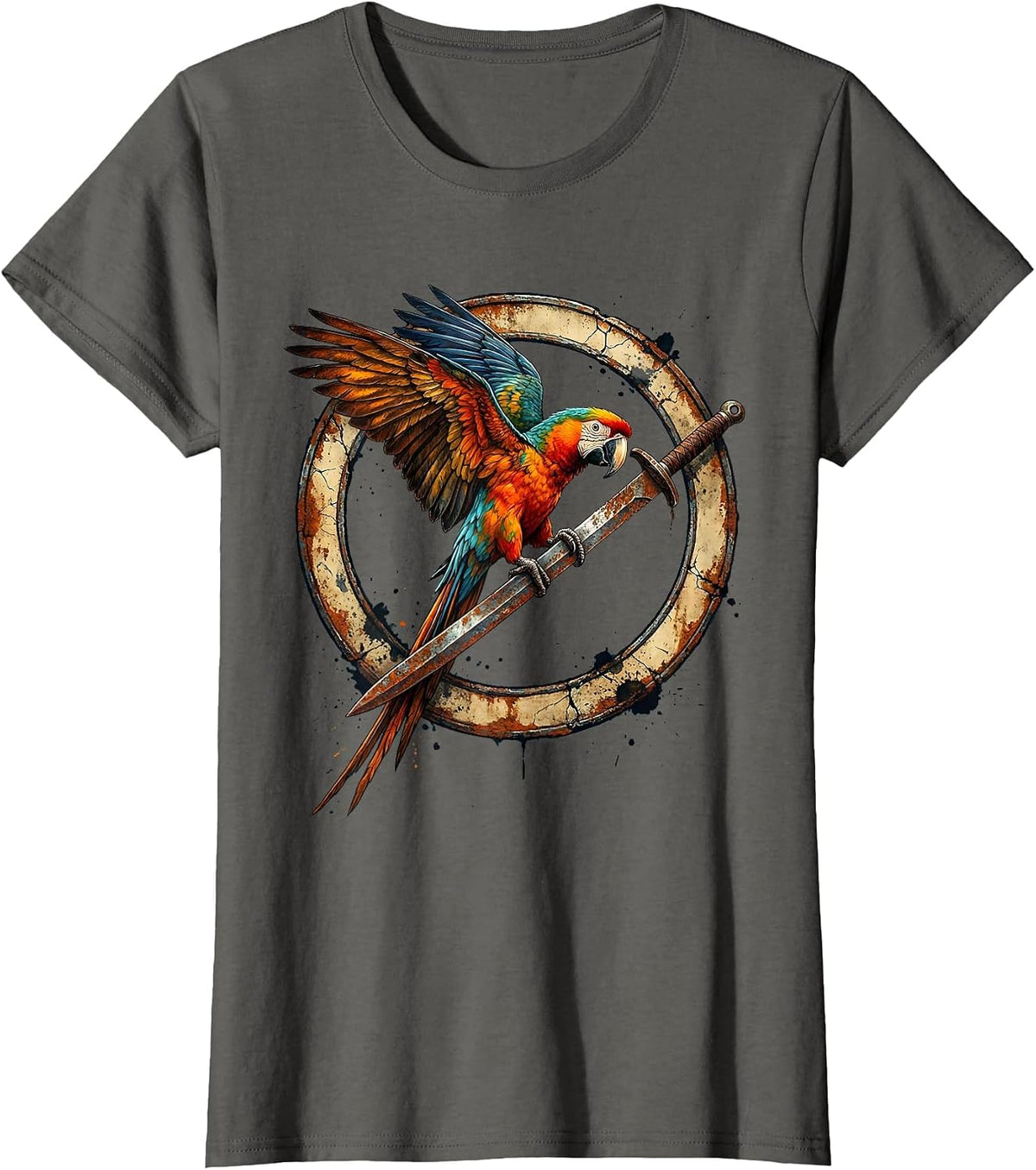 Women's Parrot on a Rusty Cutlass Pirate Graphic T-Shirt - Asphalt Grey