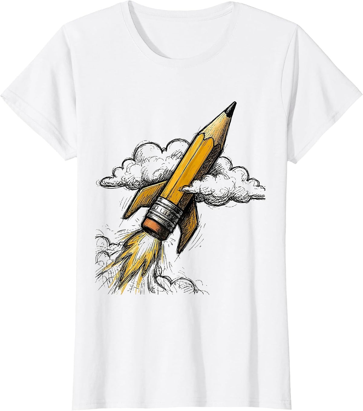 Pencil Rocket Ship Blasting Through Clouds Teacher T-Shirt - White