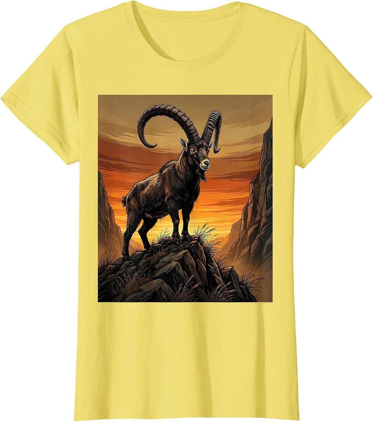 Capricorn Mountain Goat Autumn Sunset Zodiac T-Shirt - Lemon Yellow