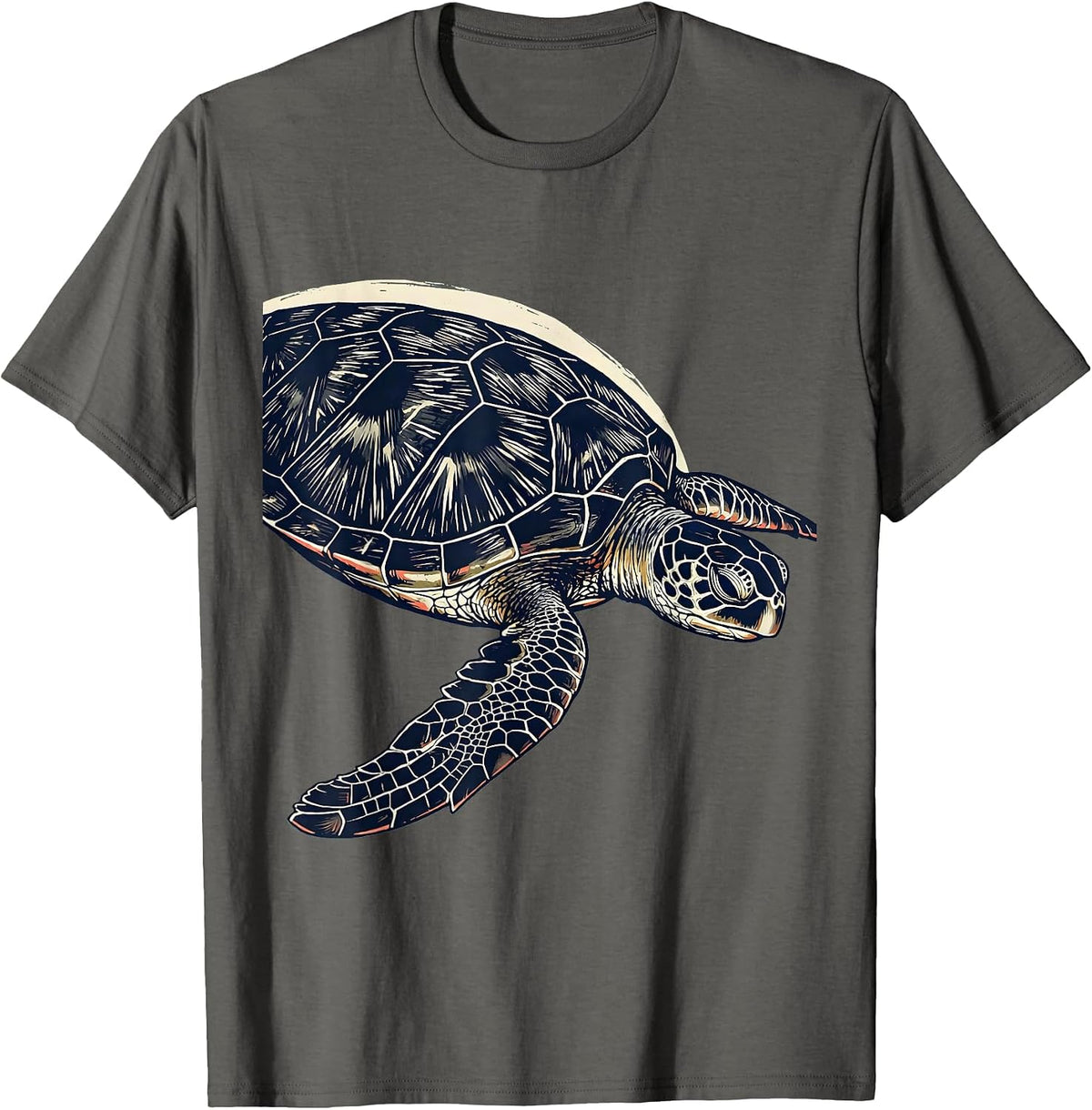 Men's Sea Turtle Linocut Ocean Animal Lover Artwork T-Shirt - Asphalt Grey