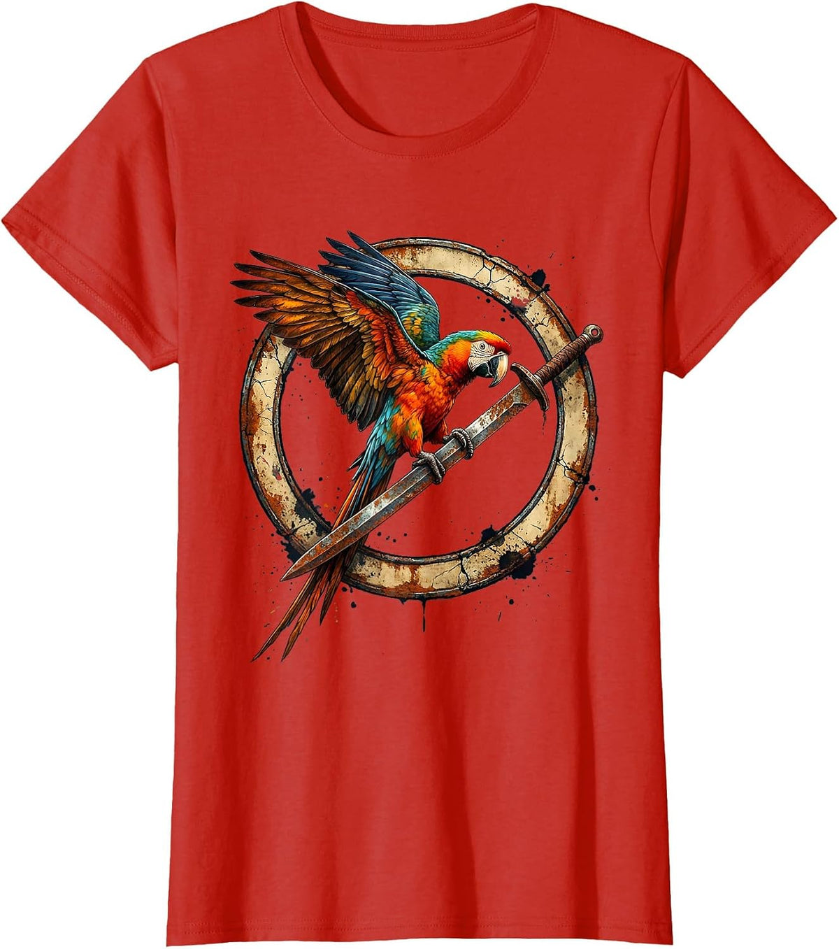 Women's Parrot on a Rusty Cutlass Pirate Graphic T-Shirt - Red