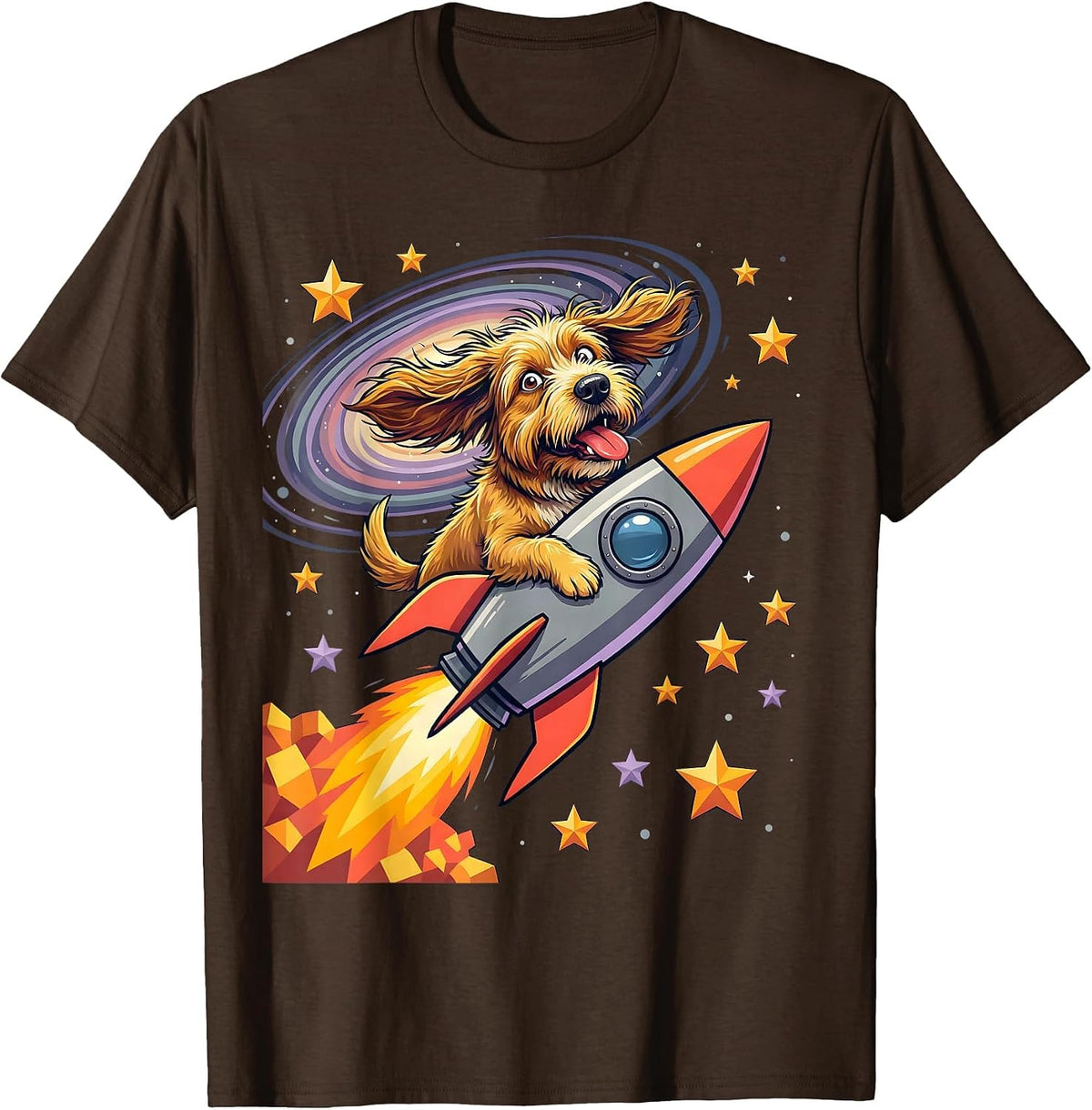 Men's Crazy Dog Riding Rocket Through Outer Space T-Shirt - Brown