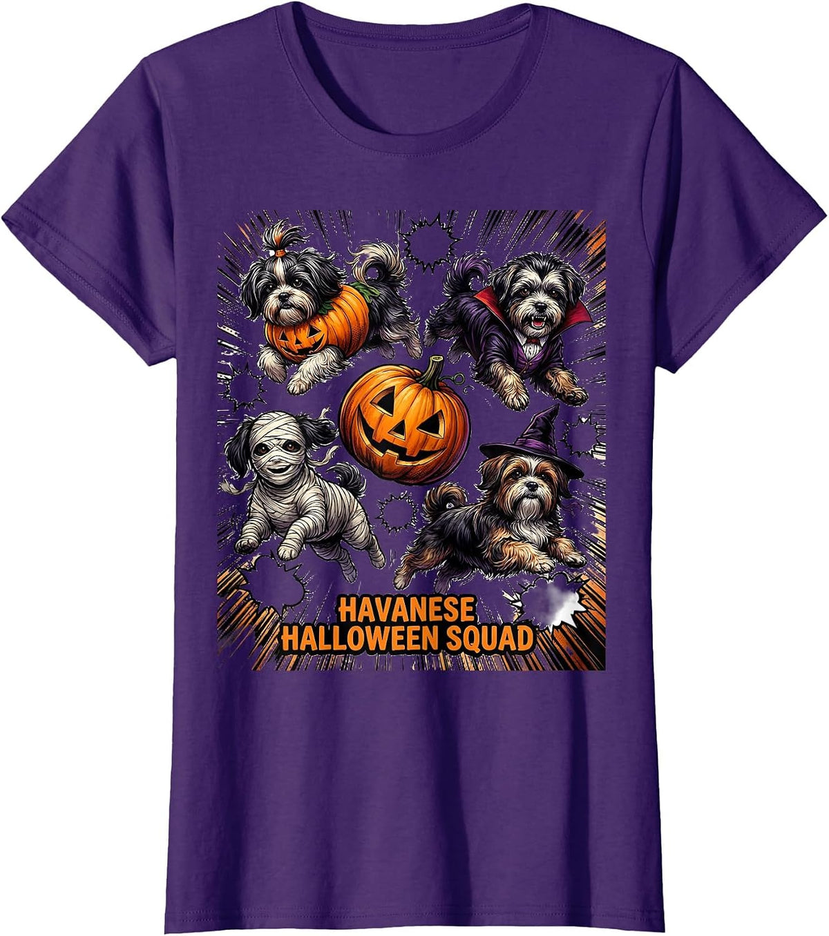 Havanese Halloween Squad Comic Book Dog Breed Costume T-Shirt, Women, Purple, X-Large - As Pictured