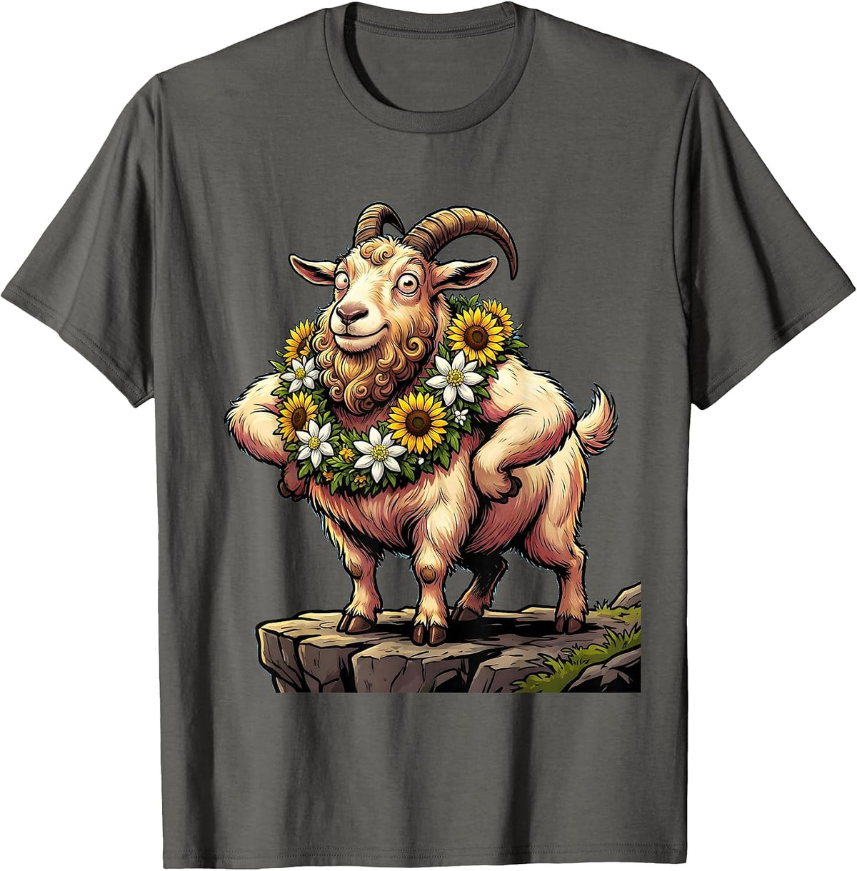 Oktoberfest Mountain Goat Flower Garland Design T-Shirt - Asphalt Grey
