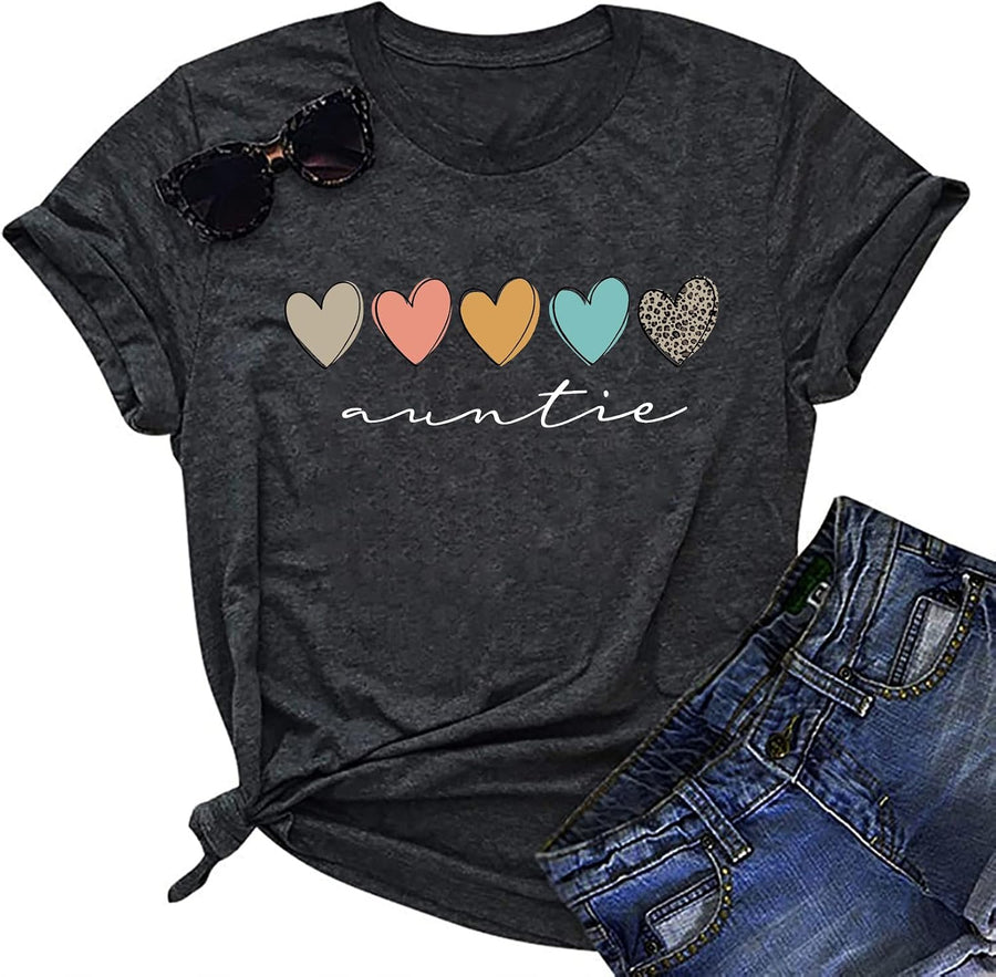 Auntie T Shirt Women Cute Love Heart Print Bless Aunt Tops Tees Casual Short Sleeve Vacation Shirts Tops - Darkgrey1